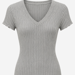 Grey ribbed v-neck tee on a white backgrounds.