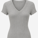 Grey ribbed v-neck tee on a white backgrounds.