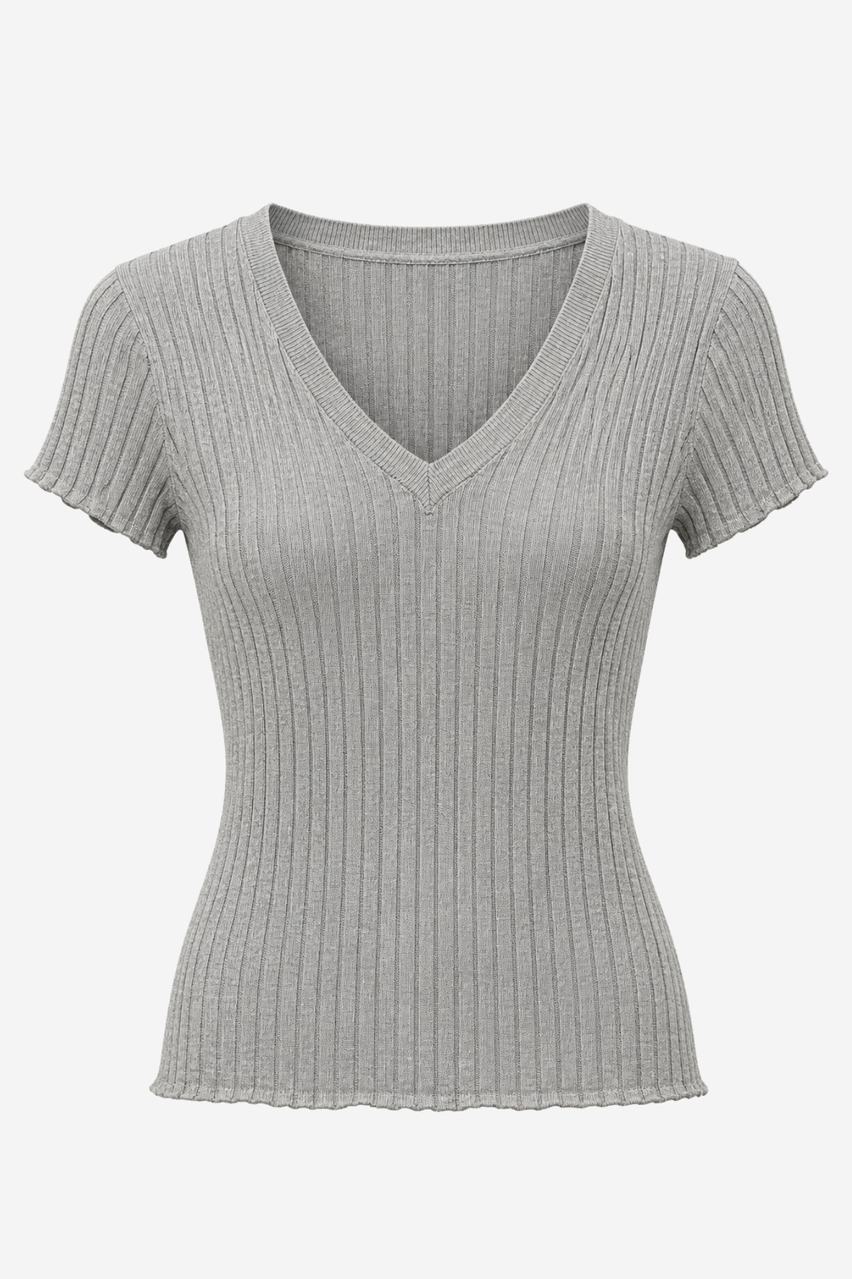 Grey ribbed v-neck tee on a white backgrounds.