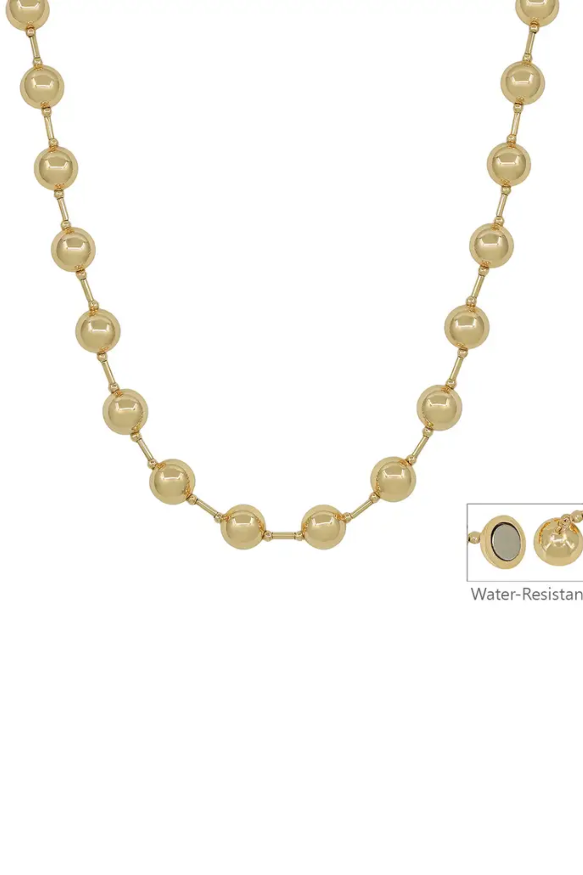 A gold-toned beaded necklace with round pearl-like beads connected by small metallic links, shown on a plain white background. A small inset in the lower right shows a water-resistant detail with the text 'Water-Resistant.