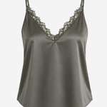 Women's sleeveless camisole featuring delicate lace trim, a V-neckline, and a relaxed silhouette in a solid green color.