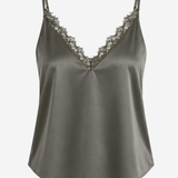 Women's sleeveless camisole featuring delicate lace trim, a V-neckline, and a relaxed silhouette in a solid green color.