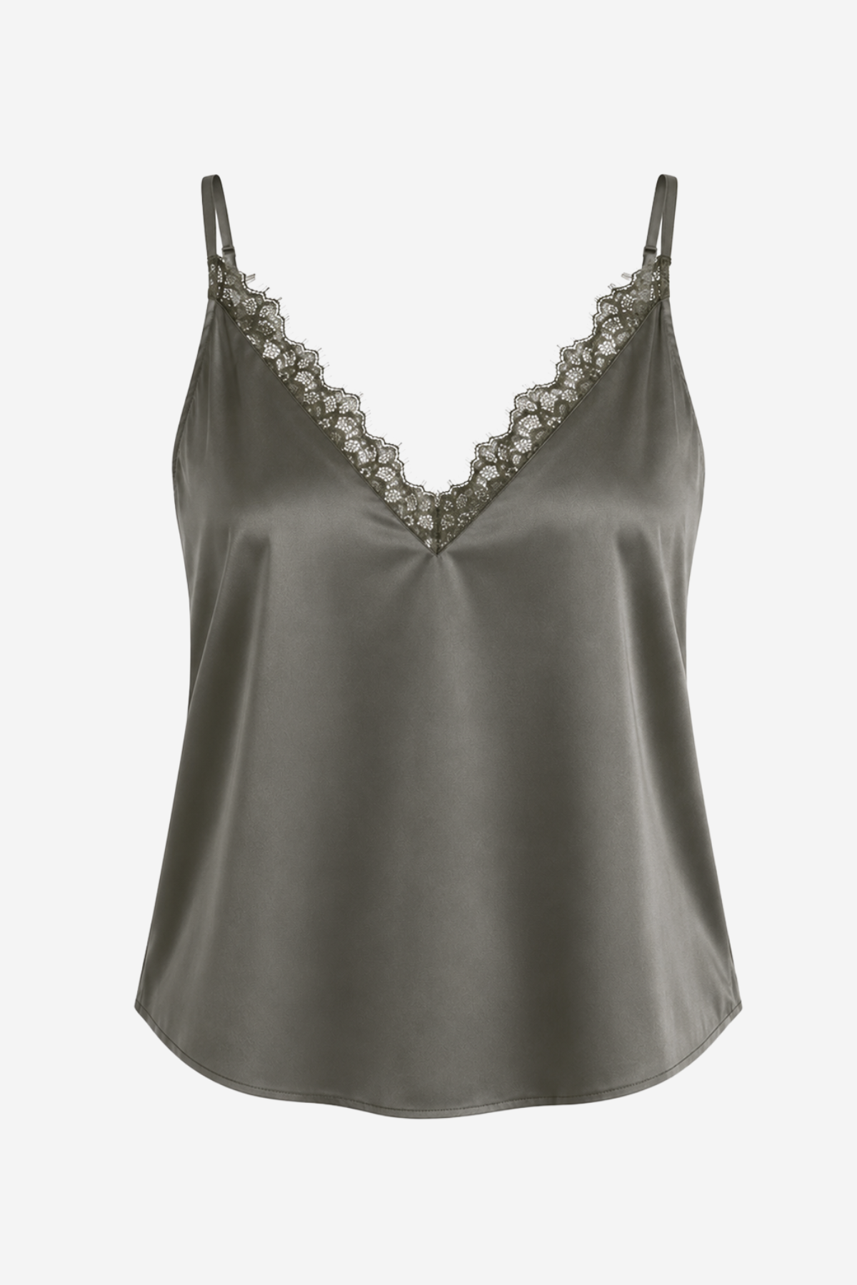 Women's sleeveless camisole featuring delicate lace trim, a V-neckline, and a relaxed silhouette in a solid green color.