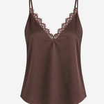 Women's sleeveless camisole featuring delicate lace trim, a V-neckline, and a relaxed silhouette in a solid brown color.