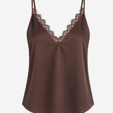 Women's sleeveless camisole featuring delicate lace trim, a V-neckline, and a relaxed silhouette in a solid brown color.