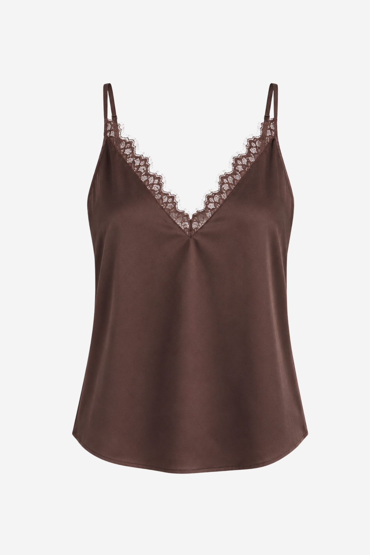 Women's sleeveless camisole featuring delicate lace trim, a V-neckline, and a relaxed silhouette in a solid brown color.