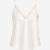 Women's sleeveless camisole featuring delicate lace trim, a V-neckline, and a relaxed silhouette in a solid ivory color.
