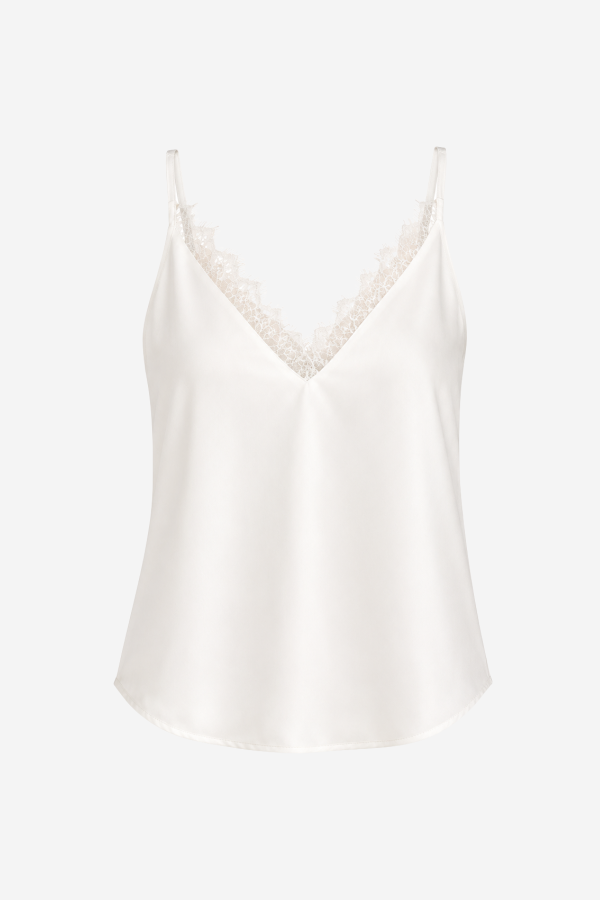Women's sleeveless camisole featuring delicate lace trim, a V-neckline, and a relaxed silhouette in a solid ivory color.