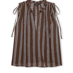 Brown and white striped sleeveless top with ruffled neckline on a white background
