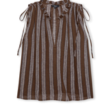 Brown and white striped sleeveless top with ruffled neckline on a white background