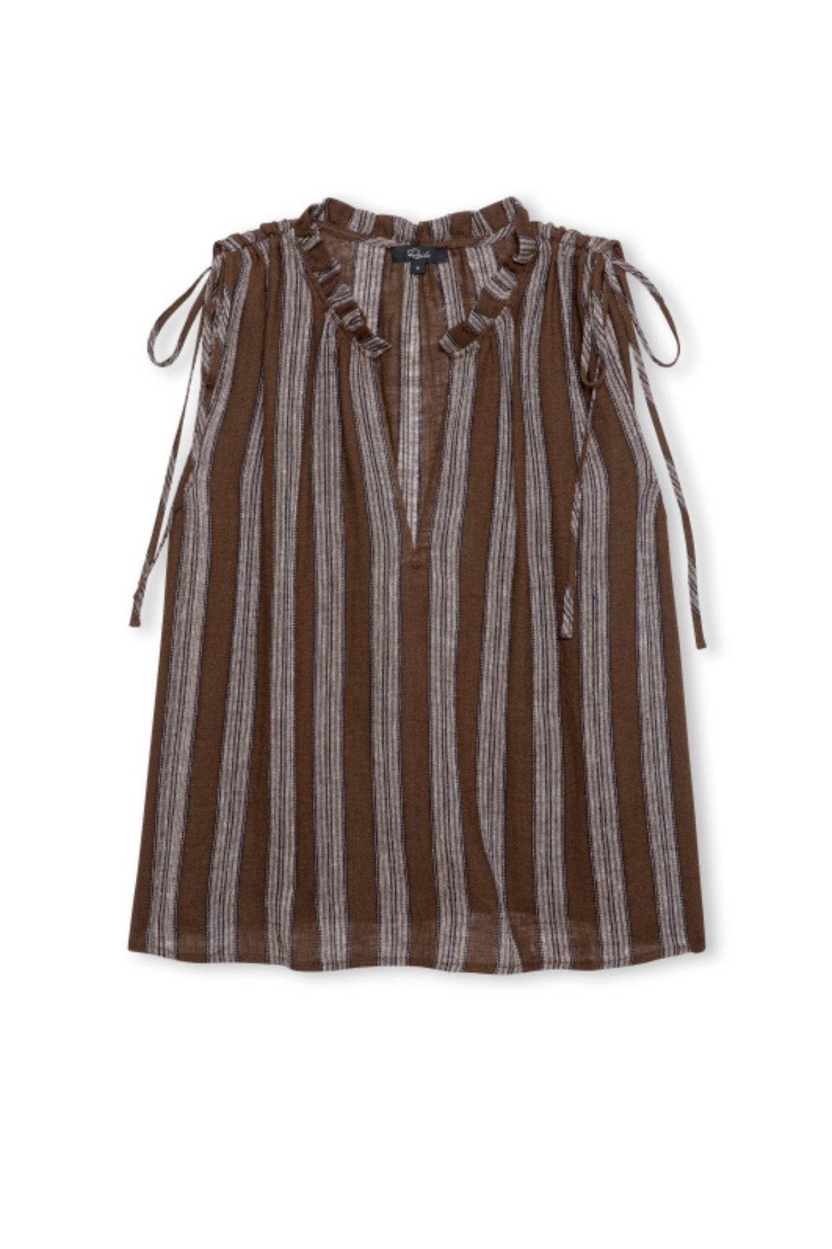 Brown and white striped sleeveless top with ruffled neckline on a white background