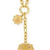 gold chain necklace with medallion on white background