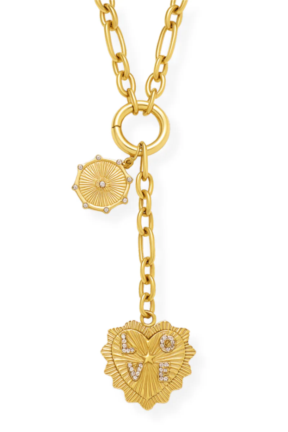 gold chain necklace with medallion on white background