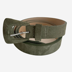 Olive colored belt on plain white background