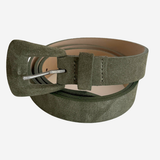 Olive colored belt on plain white background