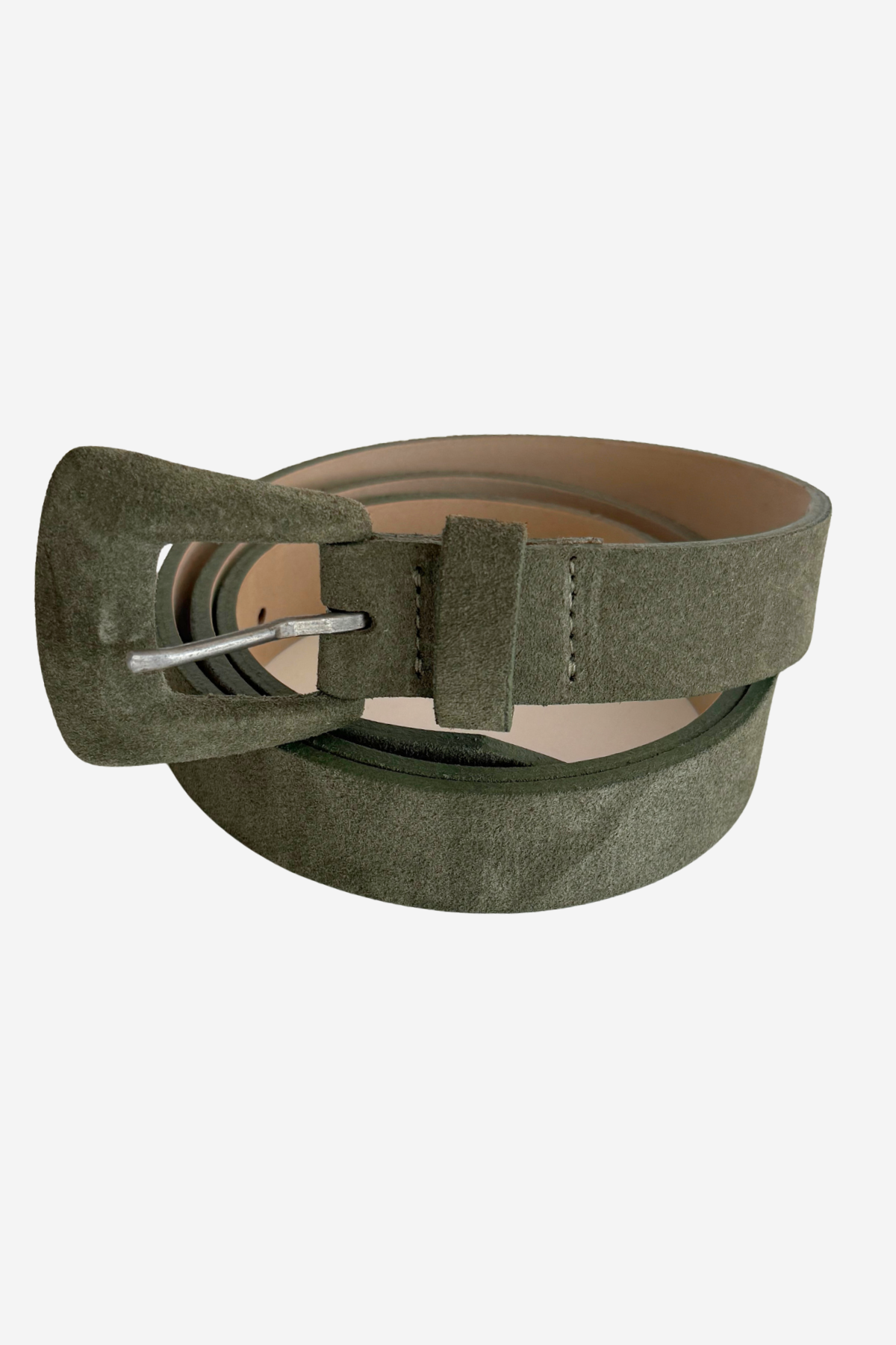 Olive colored belt on plain white background