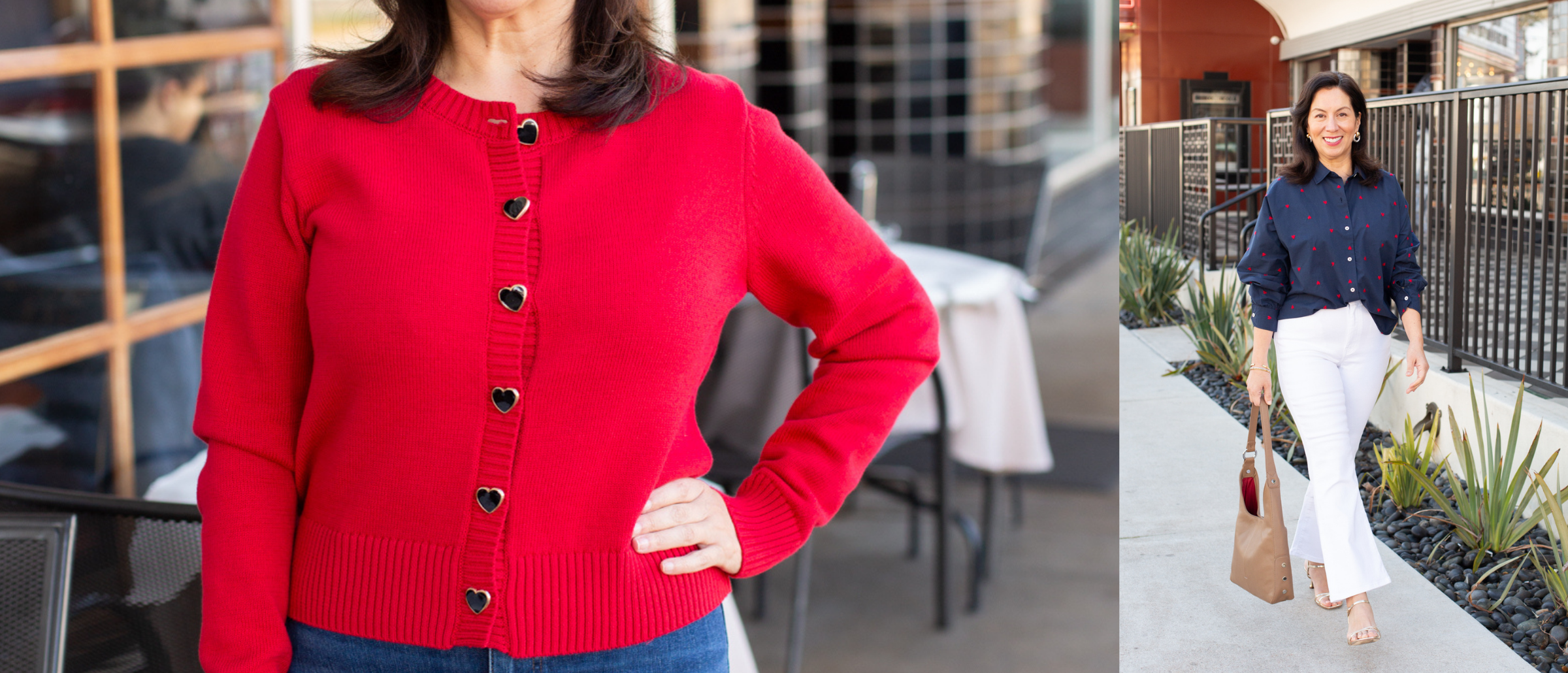 Woman wearing a red cardigan with black buttons in an outdoor setting.