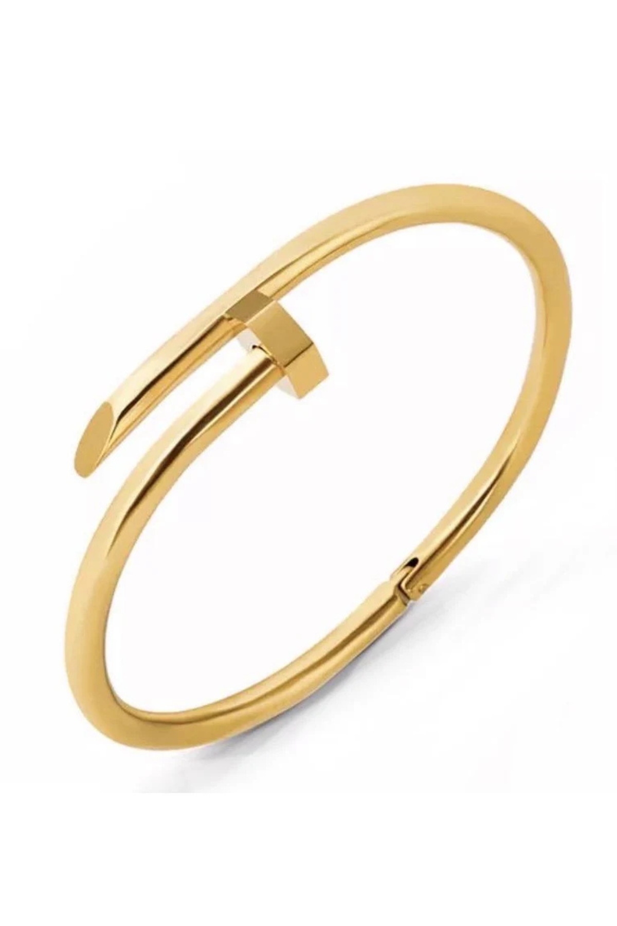 A polished gold-tone open cuff bangle bracelet with a geometric, stylized bar design, shown on a clean white background.