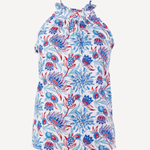 blue and red printed halter top on white background