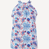 blue and red printed halter top on white background