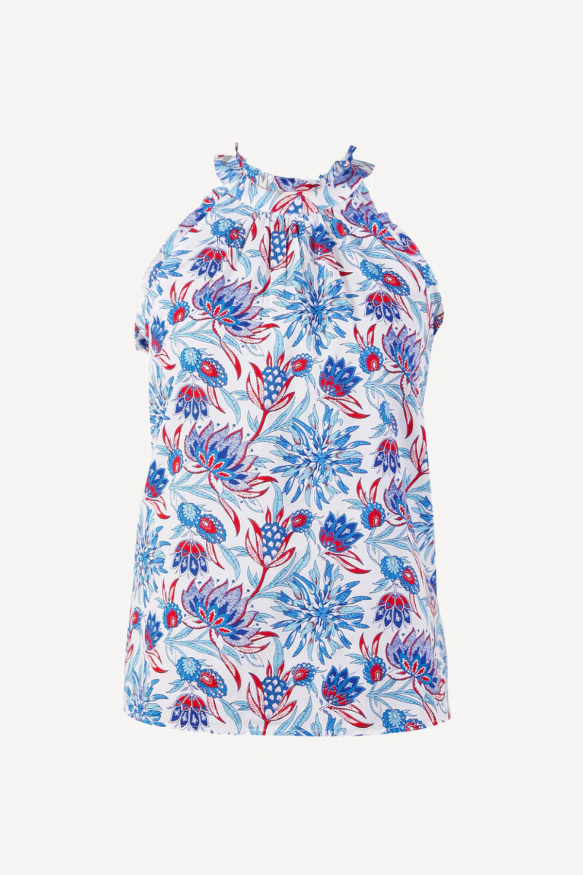blue and red printed halter top on white background
