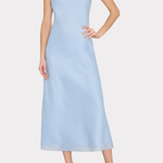 Light blue sleeveless dress worn by a model on a white background