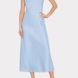 Light blue sleeveless dress worn by a model on a white background