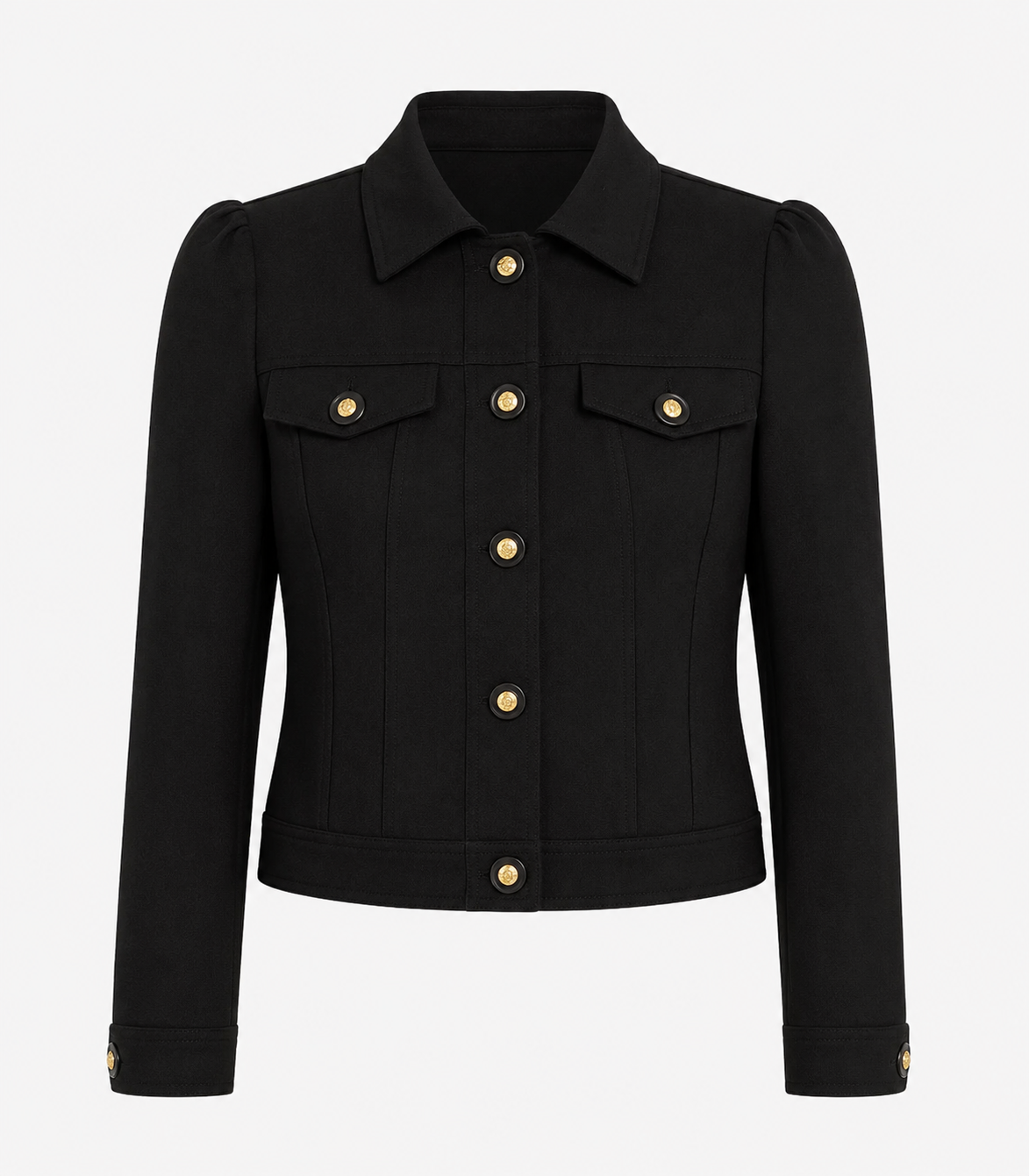 A black cropped jacket with structured shoulders, a pointed collar, flap chest pockets, and gold-tone buttons, shown on a plain light gray background.