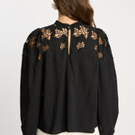 Black blouse with lace details on a white background