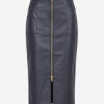 A dark navy blue faux leather pencil skirt with a prominent gold front zipper and side pockets, shown against a plain light gray background.