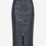 A dark navy blue faux leather pencil skirt with a prominent gold front zipper and side pockets, shown against a plain light gray background.