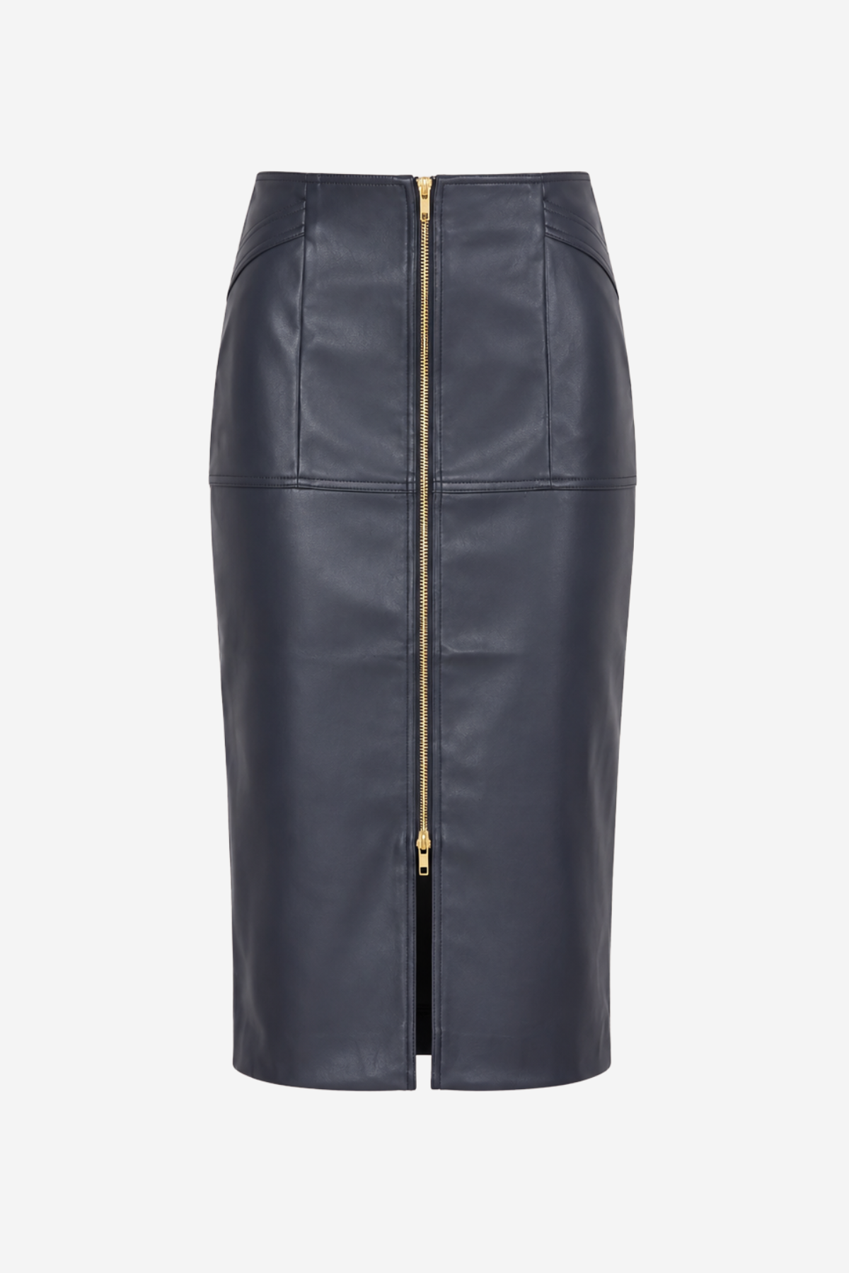 A dark navy blue faux leather pencil skirt with a prominent gold front zipper and side pockets, shown against a plain light gray background.