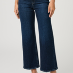 A model wearing dark blue high-waisted wide-leg cropped jeans with a faded wash, paired with beige heeled sandals, against a light gray studio background.