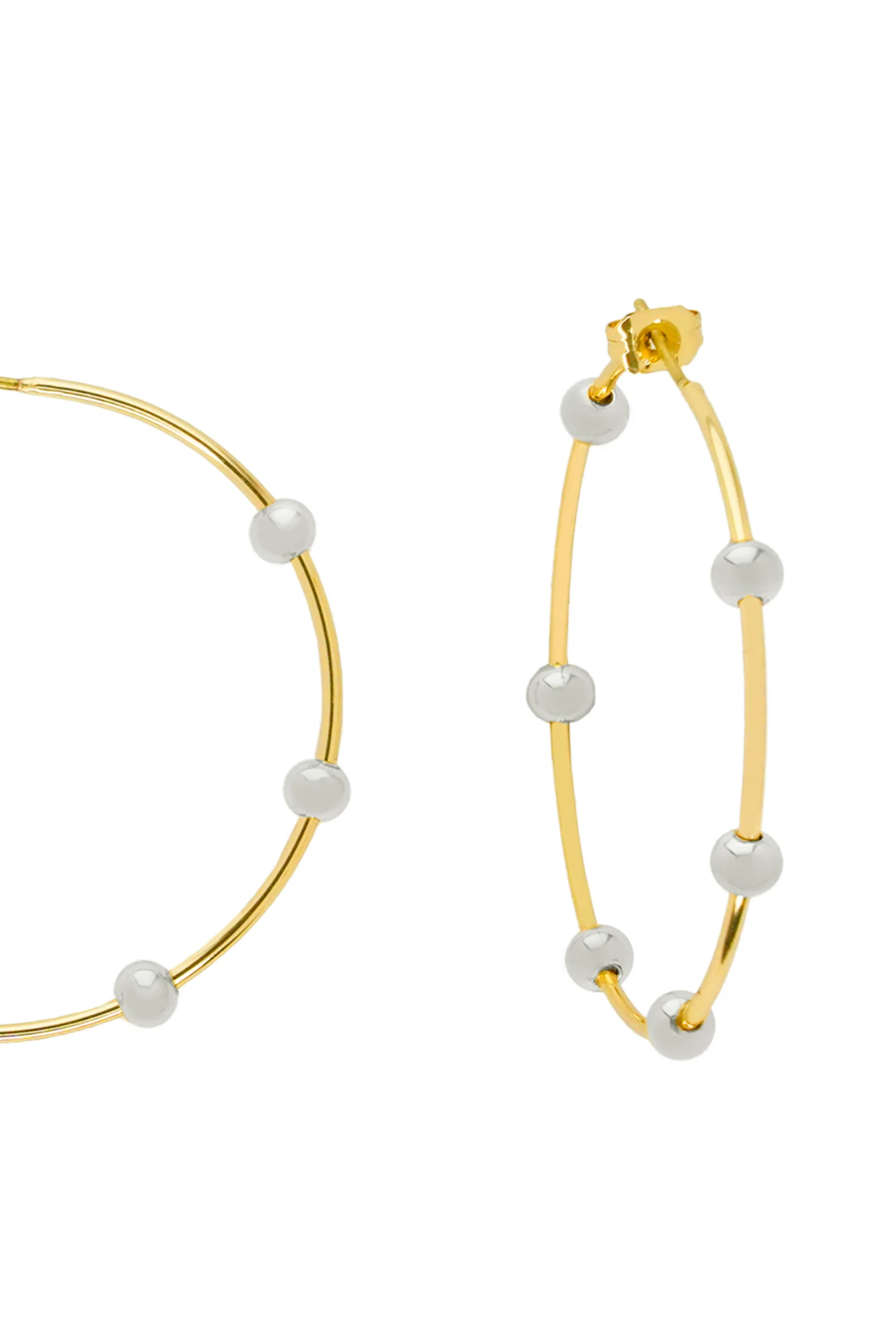 Gold hoop earrings with evenly spaced white pearl-like beads, shown on a clean white background.