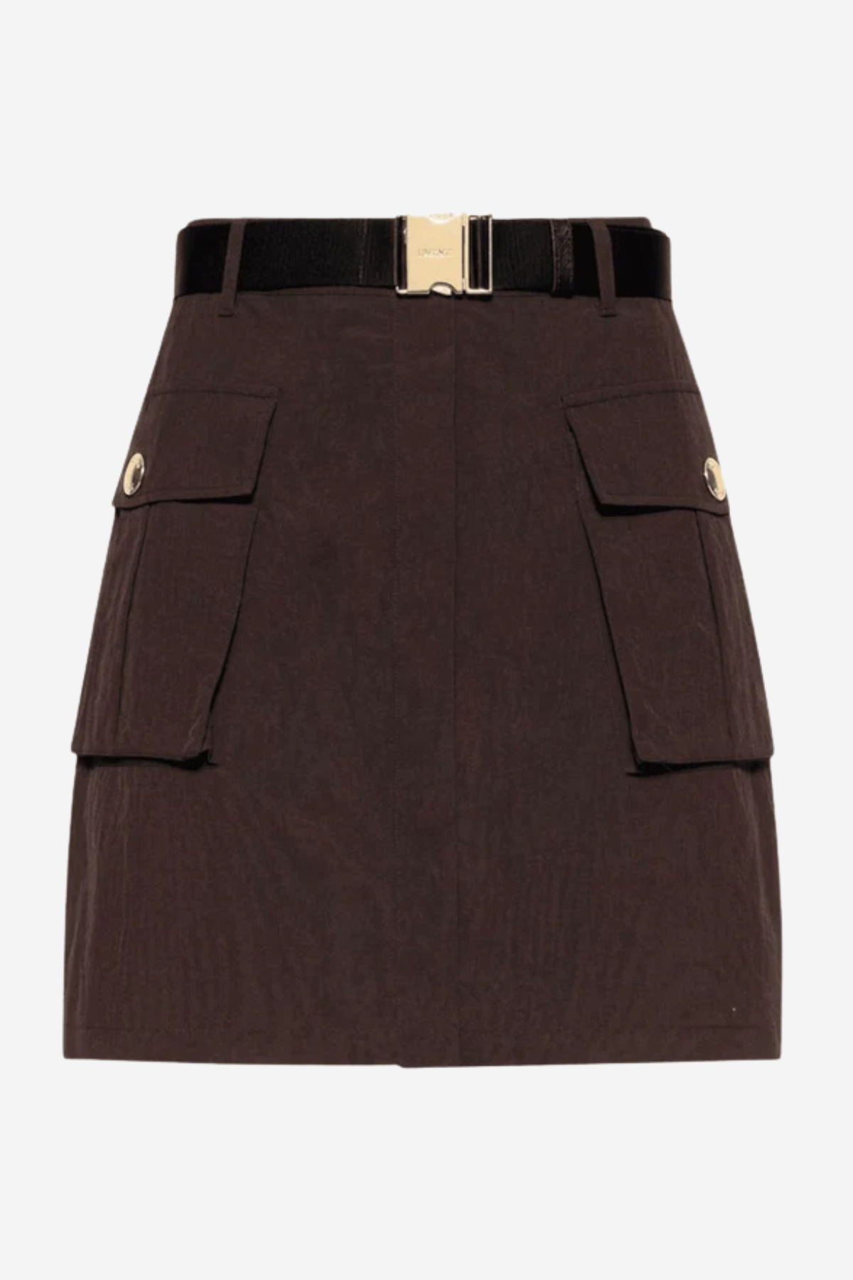 A dark brown mini skirt with a black belt featuring a gold-tone buckle, detailed with two front flap pockets on the sides.