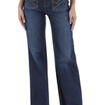 A model from the waist down wearing dark blue wide-leg denim jeans with decorative contrast stitching on the back pockets, paired with a white top and flat sandals, against a plain white background.