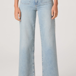 Light blue jeans worn by a person on a white background