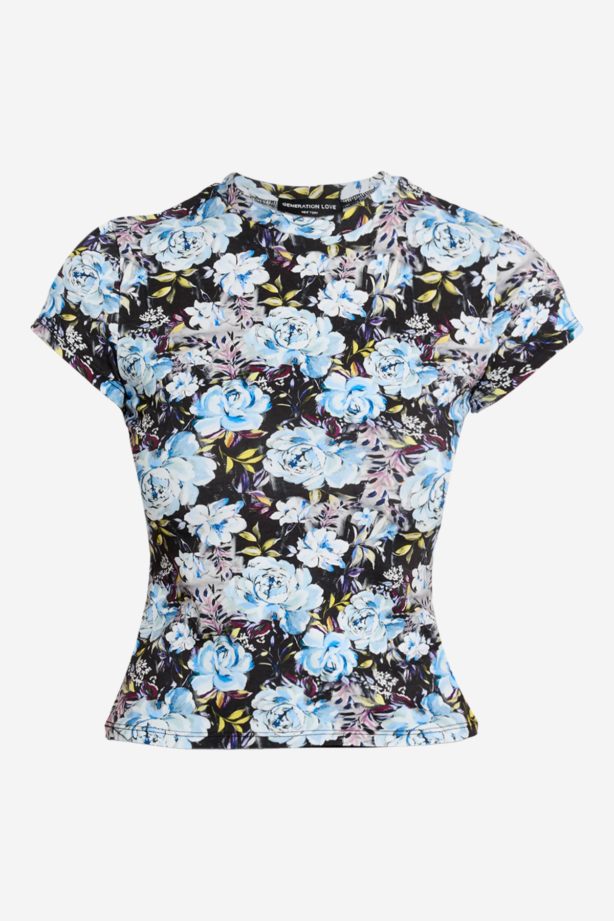 A short-sleeve crewneck top featuring a dense floral print with light blue, lavender, and white flowers on a black background, displayed against a light gray studio backdrop.