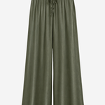 Women's olive green wide-leg palazzo pants featuring a drawstring waist, side pockets, and a relaxed silhouette.