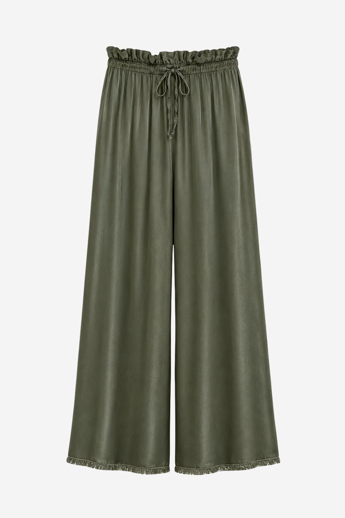 Women's olive green wide-leg palazzo pants featuring a drawstring waist, side pockets, and a relaxed silhouette.
