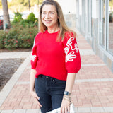 Red Short Sleeve Embroidered Sweater