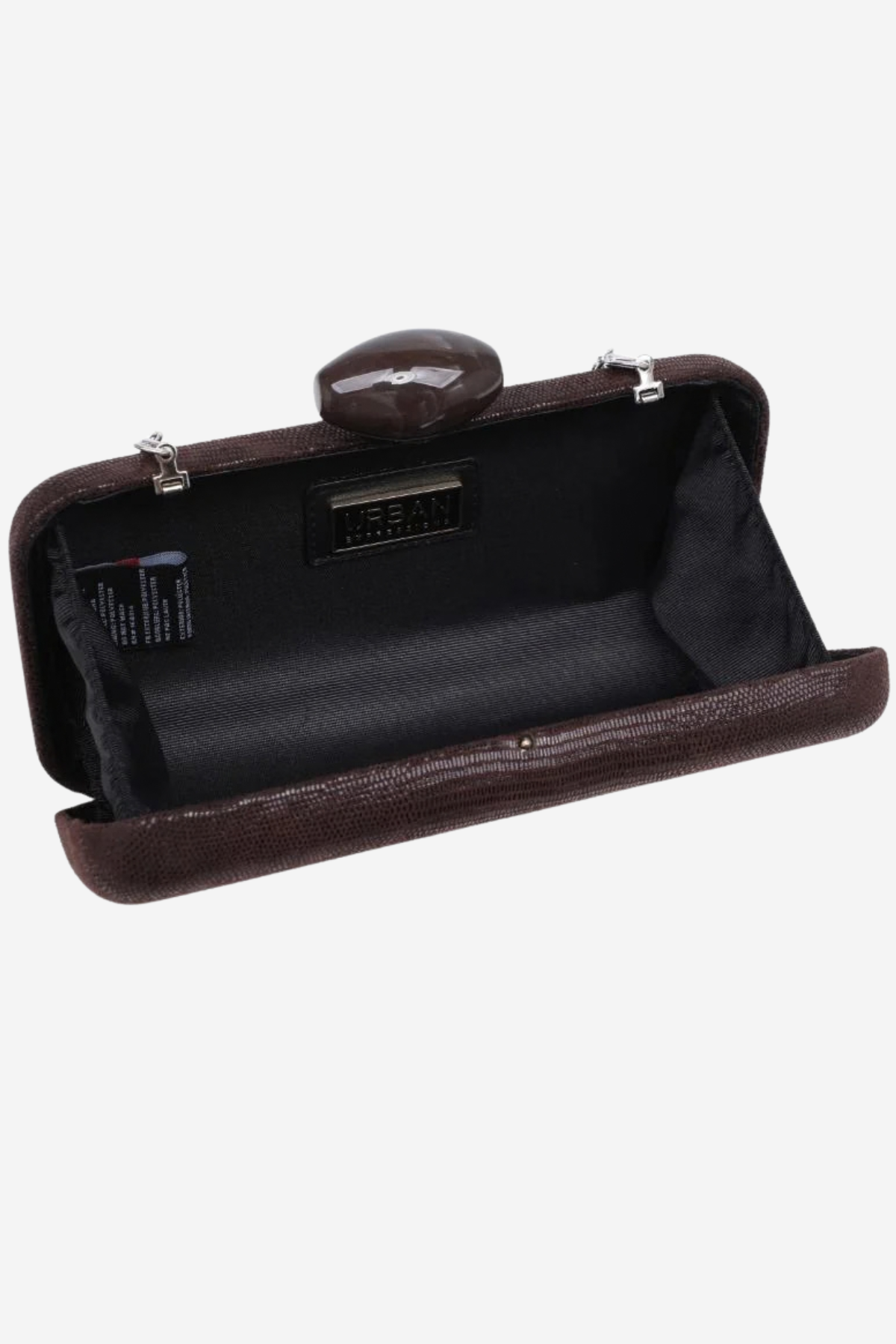 A dark brown textured clutch bag shown open, revealing a black interior lining and a small oval mirror attached to the top clasp. The brand name 'JERSEY' is visible on a small black label inside the lining.
