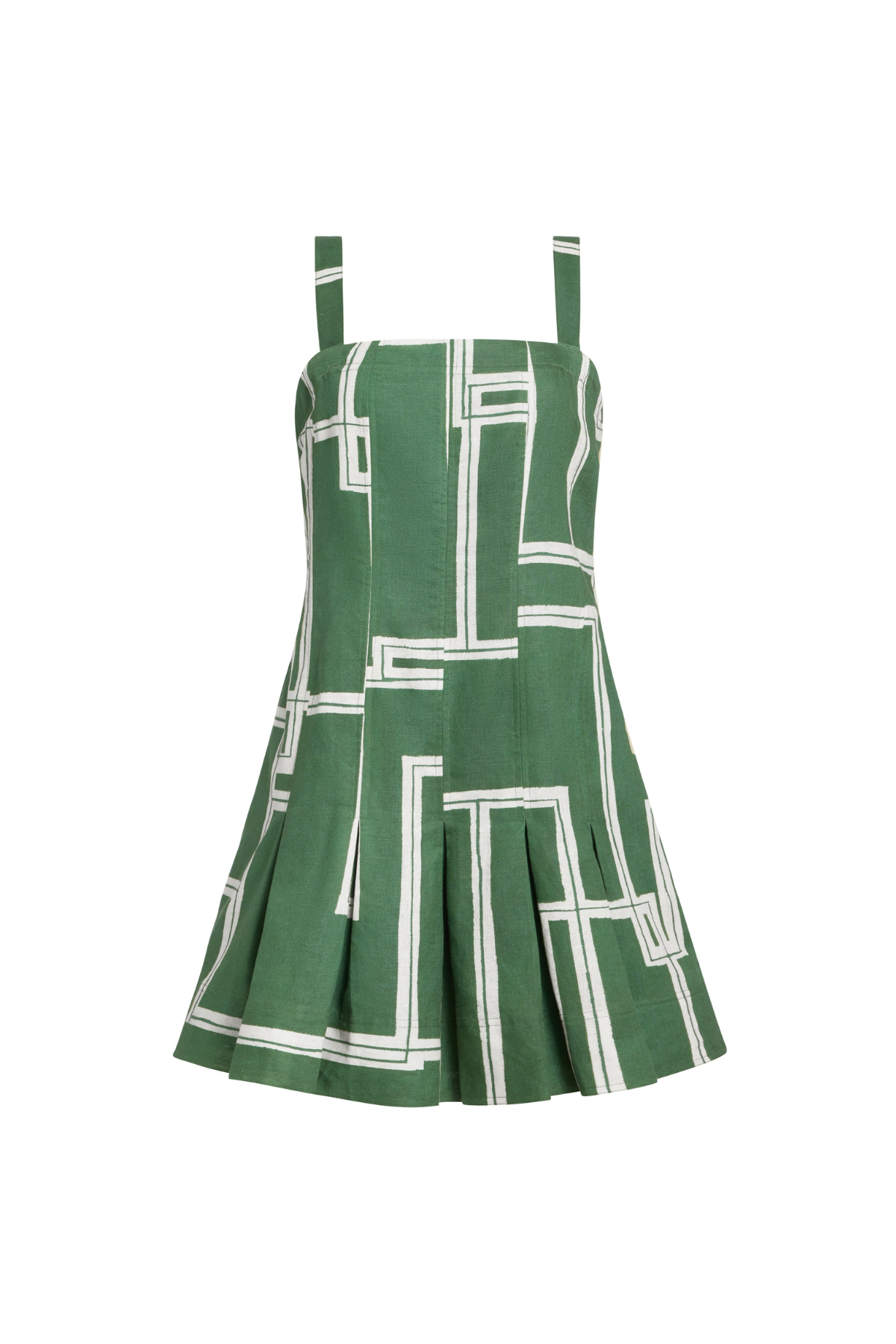 A green sleeveless mini dress with a white geometric line pattern, featuring thin shoulder straps and a flared pleated skirt, shown against a plain white background.