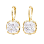 A pair of gold leverback earrings with cushion-cut clear gemstones in gold settings, shown on a plain white background.