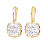 A pair of gold leverback earrings with cushion-cut clear gemstones in gold settings, shown on a plain white background.