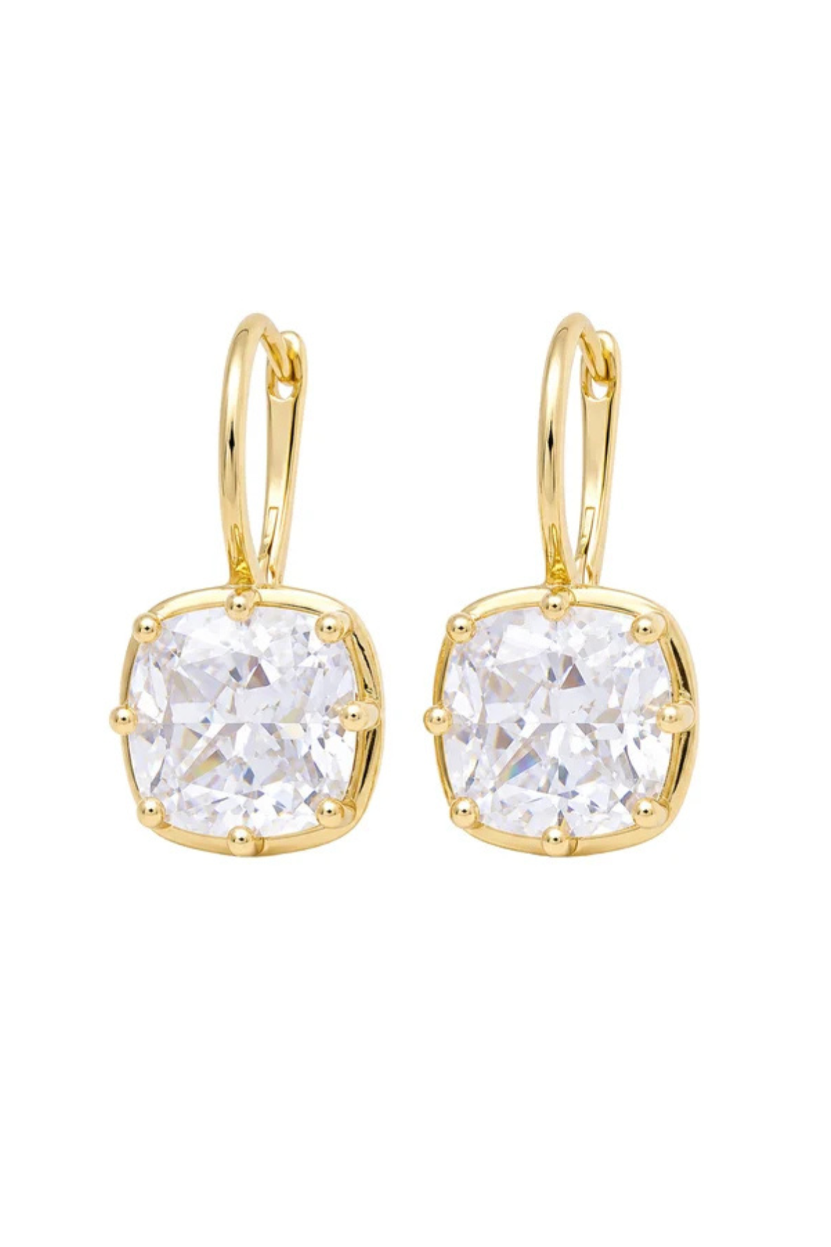 A pair of gold leverback earrings with cushion-cut clear gemstones in gold settings, shown on a plain white background.