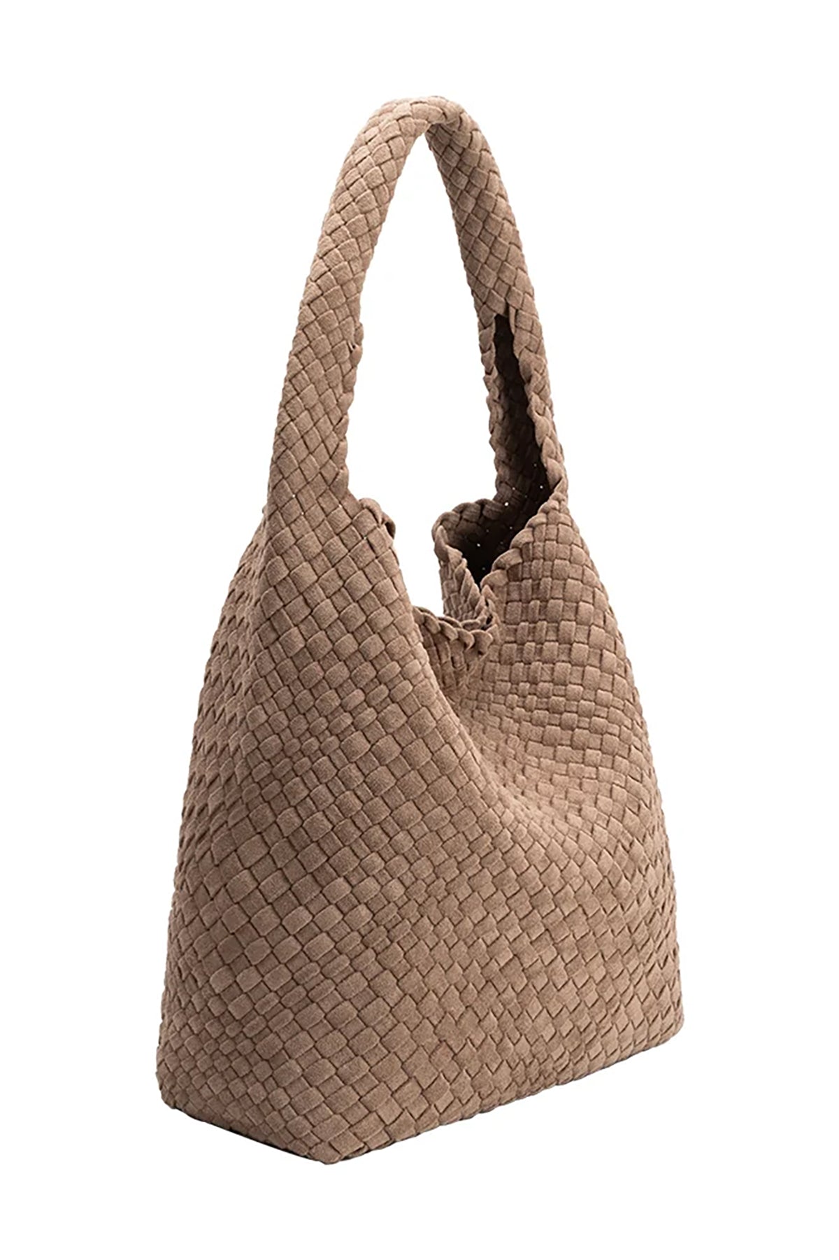 Beige woven handbag on a white background
