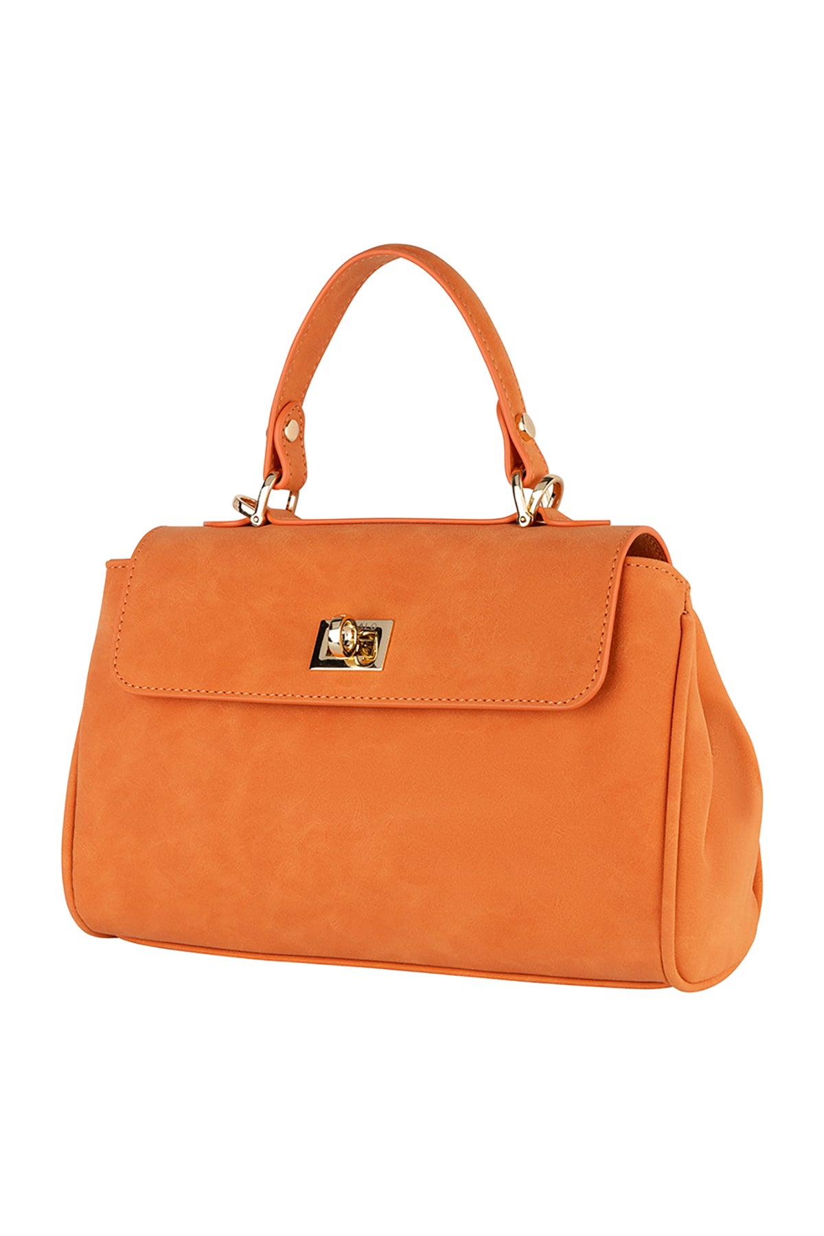 Orange handbag with a gold clasp on a white background