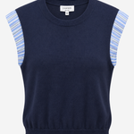 A navy blue sleeveless knit top with light blue and white striped shoulder panels, shown against a plain light gray background.