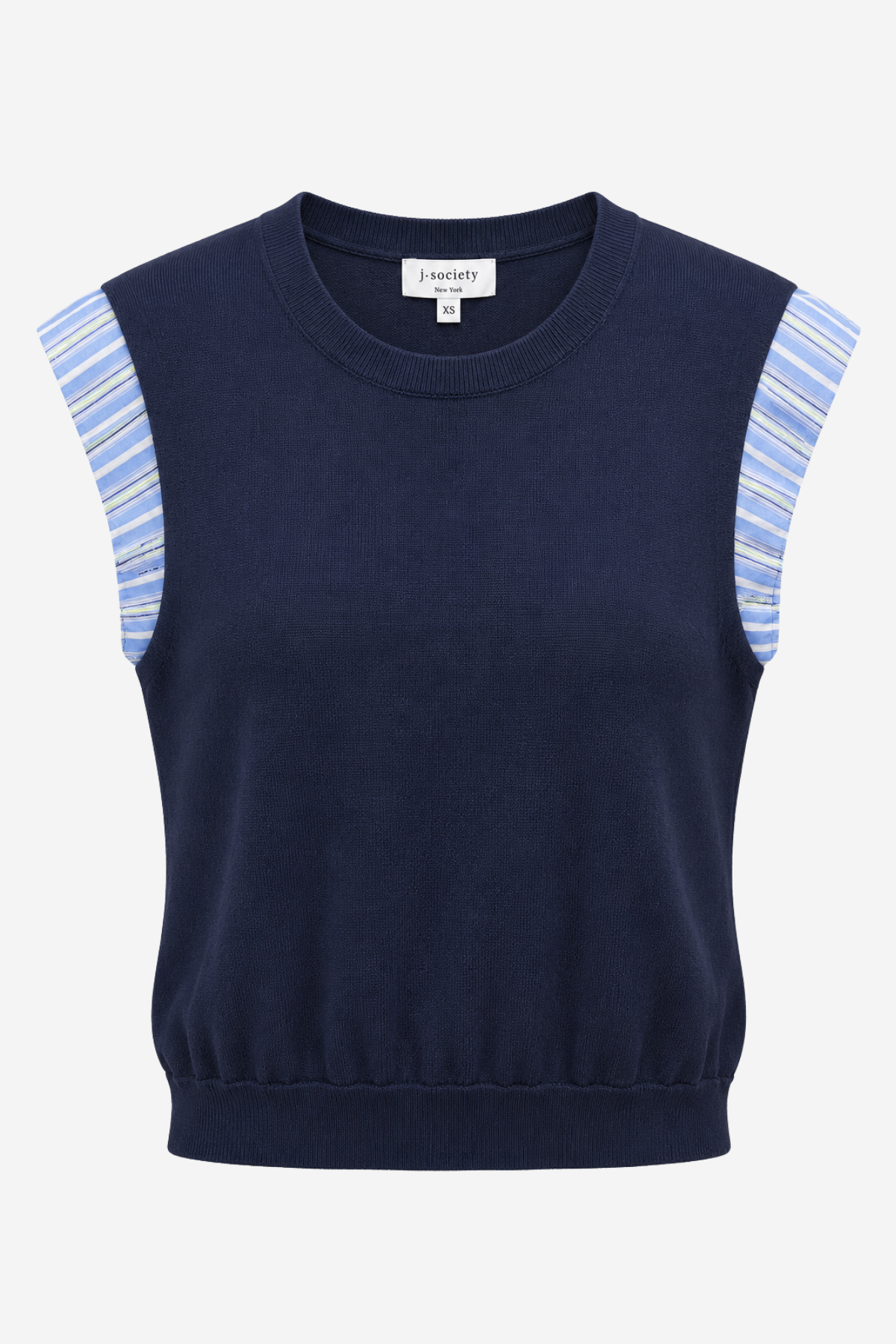 A navy blue sleeveless knit top with light blue and white striped shoulder panels, shown against a plain light gray background.